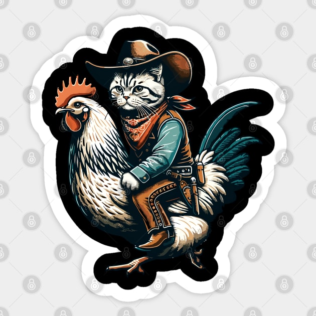 Meowdy Cat Riding Chicken Sticker by VisionDesigner